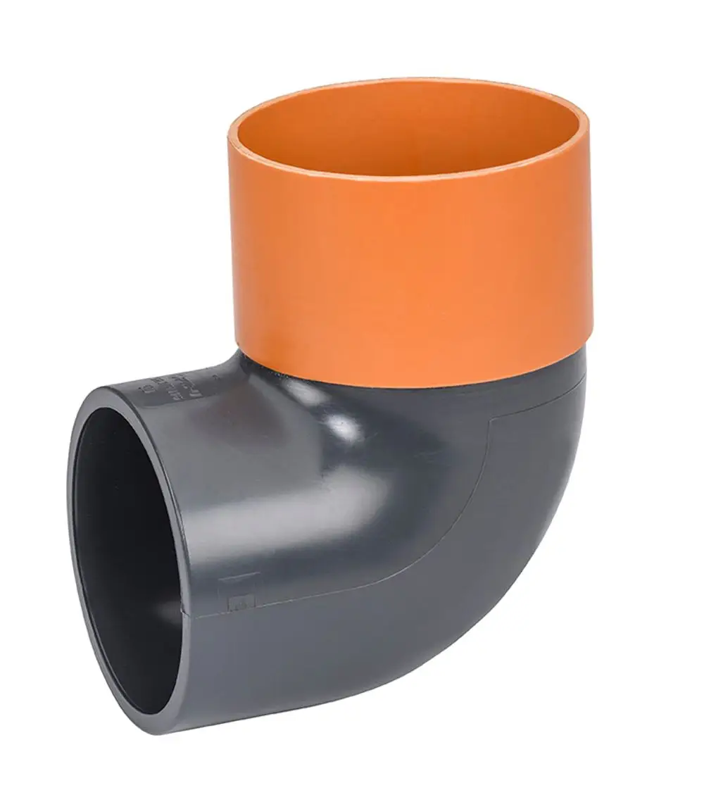 Boden-Einlaufstutzen mit 90° Winkel in Schwarz und Orange von Grünbeck, geeignet für Rohrverbindungen in Abwassersystemen.